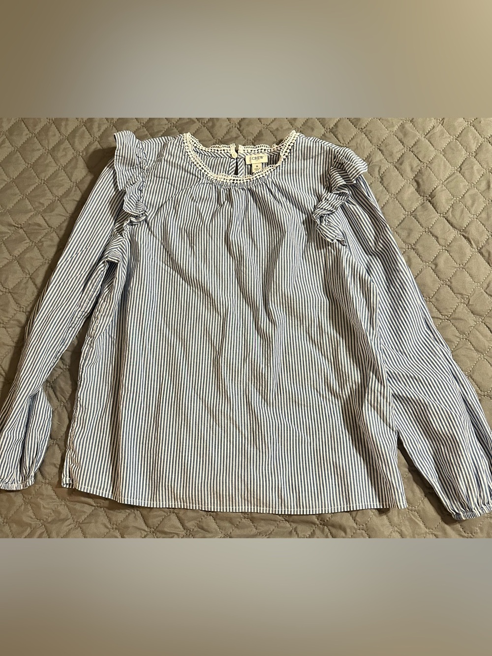 J Crew 100% Cotton Blue & White Stripe Ruffled Long-Sleeve Top Size Small